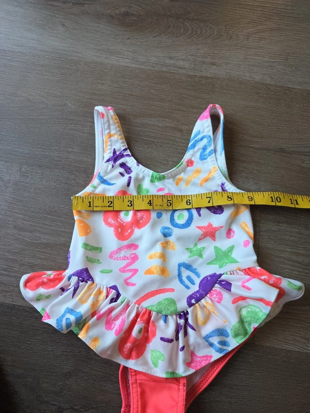 Vintage 90s Neon Flower and Scribbles Print Baby Toddler Girls Swimsuit w/Skirt